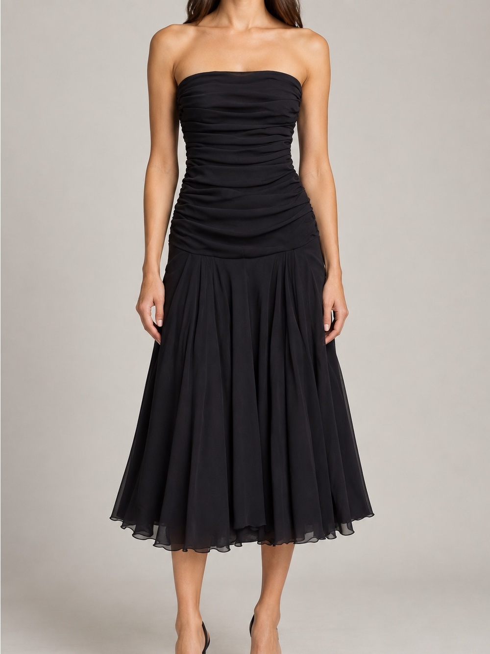 Elana Kattan Strapless Ruched‎ Midi Dress Black Chiffon Formal Women's XS